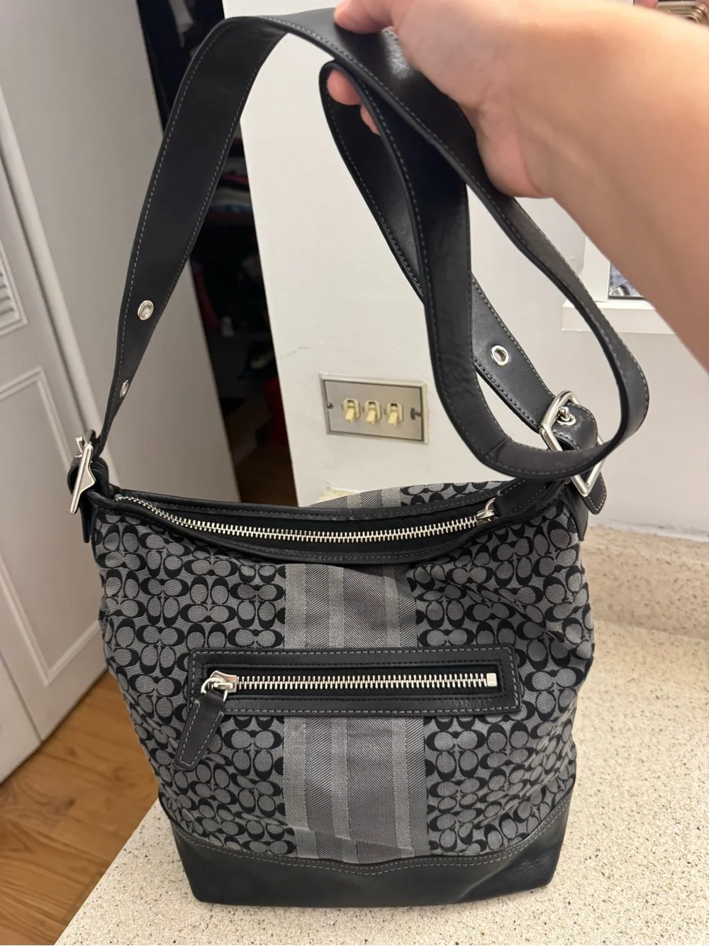 Coach Black and Gray Signature Canvas Hobo Bag